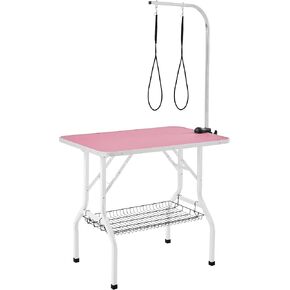 Yaheetech 36'' Dog Grooming Table, Adjustable Pet Foldable Grooming Table w/Double Loops/Mesh Tray Maximum Capacity Up to 220lbs, Pink