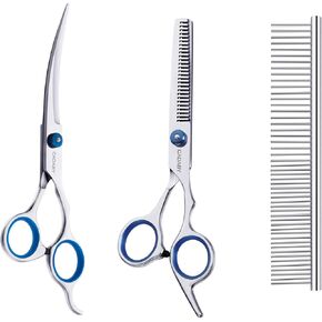 Dog Grooming Scissors Kit, 3 in 1 Dog Grooming Scissors with Safety Tips, Professional Stainless Steel Dog Scissors for Grooming, Pet Grooming Shears for Dog, Cat