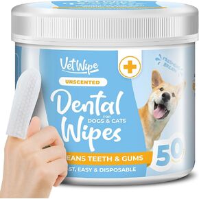 Dog Teeth Cleaning Finger Wipes - Easy Cats & Dogs Dental Care Toothbrush and Tooth Brushing Kit, Freshen Bad Breath, Reduces Plaque - 50 Count