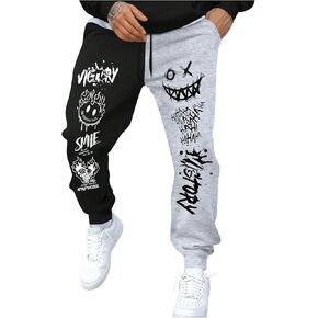 WDIRARA Men's Cartoon Letter Graphic Sweatpants Color Block Drawstring Waist Jogger Pants with Pockets