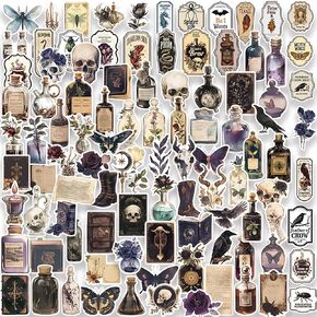 100 Pcs Dark Aesthetic Stickers, Witchcraft Potion Labels Stickers Apothecary Wine Bottle Stickers Black Rose Vintage Antiquarian Stickers for Junk Journal Scrapbook DIY Crafts