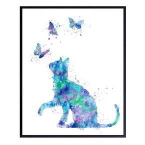 Watercolor Cat Wall Art Poster Print - Modern Home or Apartment Decor and Room Decorations for Bedroom, Girls, Baby, Kids Room or Nursery - Great Gift for Kitty Lovers - 8x10 Unframed Photo