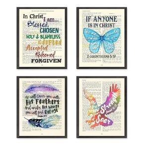 Ephesians 1, 2 Corinthians 5:17, Psalm 91:4, Isaiah 40:31 Art Prints, Set of 4, Unframed, Vintage Bible Page Verse Set Wall Decor Posters, 8x10 Inches