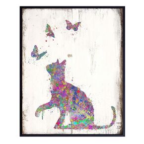 Cat with Butterflies Wall Art Print - Rustic Boho Home Decor - Decoration for Bedroom, Bathroom, Childrens, Girls, Baby Kids Room or Nursery - Great Gift for Kitty Lovers - 8x10 UNFRAMED Poster