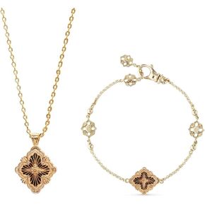 Gold Clover Necklaces for Women Girls, Double-Sided Pendant 18K Gold Plated with Real Gemstone,Inlaid mother of Pearl Necklace,Celebrity Jewelry