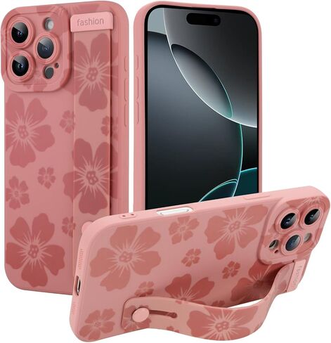 KANGHAR Floral Case for iPhone Air Case with Wrist Strap Kickstand Cute Flower Floral Design for Girls Women Soft TPU Shockproof Protective Phone Cover-Black in Saudi Arabia