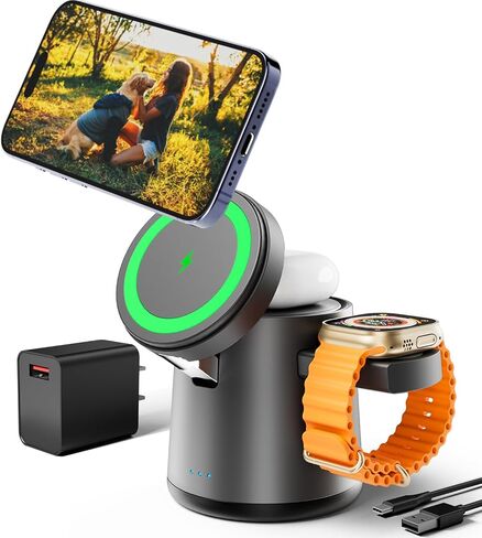 2025 ترقية محطة شحن 3 في 1 لشاحن Apple MagSafe، حامل شحن لاسلكي محمول قابل للتعديل، قاعدة شحن لاسلكية سريعة لهاتف iPhone 16 15 14 13 12 Pro Max وApple Watch AirPods (أبيض) in Saudi Arabia
