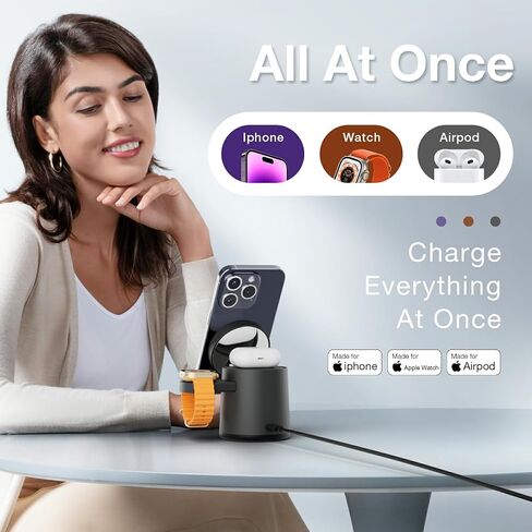 2025 ترقية محطة شحن 3 في 1 لشاحن Apple MagSafe، حامل شحن لاسلكي محمول قابل للتعديل، قاعدة شحن لاسلكية سريعة لهاتف iPhone 16 15 14 13 12 Pro Max وApple Watch AirPods (أبيض) in Saudi Arabia