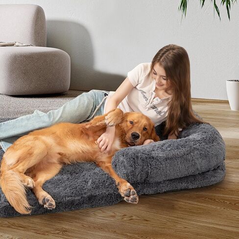 Human Dog Bed for Adult, Foldable Human Dog Bed with Eggshell Foam Supportive Mat and Waterproof Liner, Faux Fur Orthopedic Dog Bed for Humans, 73"x41.3"x9.8" in Kuwait