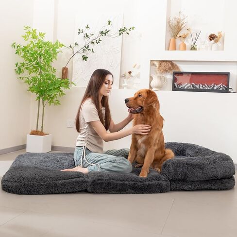 Human Dog Bed for Adult, Foldable Human Dog Bed with Eggshell Foam Supportive Mat and Waterproof Liner, Faux Fur Orthopedic Dog Bed for Humans, 73"x41.3"x9.8" in Kuwait