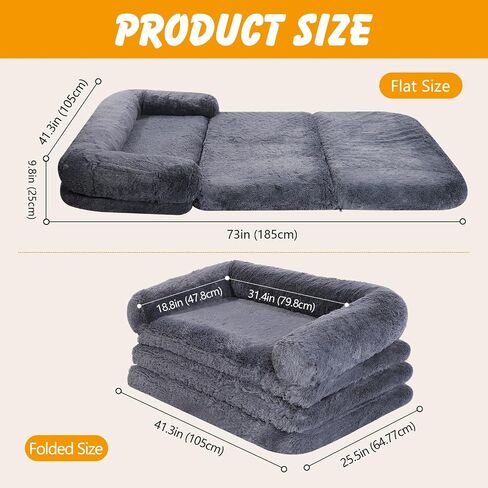 Human Dog Bed for Adult, Foldable Human Dog Bed with Eggshell Foam Supportive Mat and Waterproof Liner, Faux Fur Orthopedic Dog Bed for Humans, 73"x41.3"x9.8" in Kuwait
