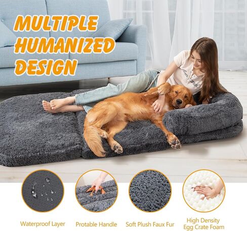 Human Dog Bed for Adult, Foldable Human Dog Bed with Eggshell Foam Supportive Mat and Waterproof Liner, Faux Fur Orthopedic Dog Bed for Humans, 73"x41.3"x9.8" in Kuwait