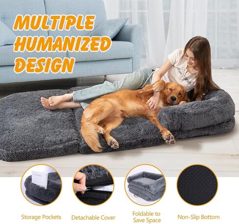 Human Dog Bed for Adult, Foldable Human Dog Bed with Eggshell Foam Supportive Mat and Waterproof Liner, Faux Fur Orthopedic Dog Bed for Humans, 73"x41.3"x9.8" in Kuwait