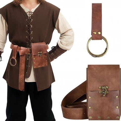 حامل الهاتف المحمول ريترو حزام الحقيبة الخصر حقيبة المرأة حزمة مراوح Steampunk رجالي القرون الوسطى عصر النهضة محفظة زي ملحق البني in Kuwait