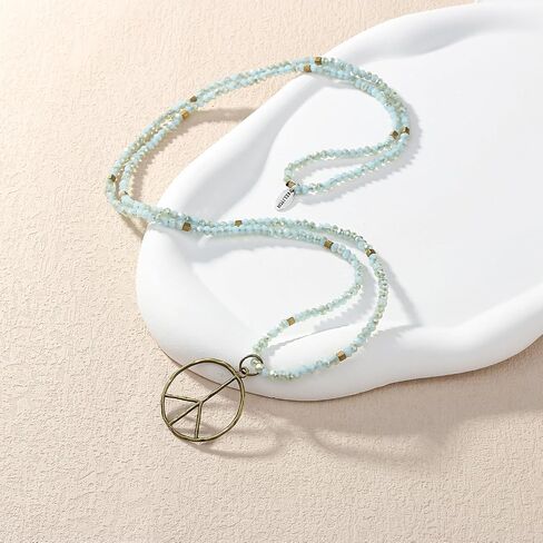 KELITCH Classic Peace Sign Necklace Love Hippie Pendant Frosted Crystal Beaded Necklace (Grey White) in Saudi Arabia