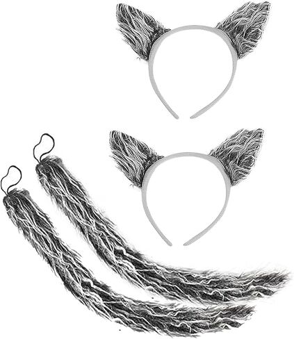 4 Pcs Faux Fur Wolf Fox Cat Costume Set Furry Handmade Animal Cosplay Costume Wolf Ears Headband and Tail Set for Adults, Men and Women Costume Accessories,Halloween,Masquerade Prop,Gray（2 Sets） in Saudi Arabia
