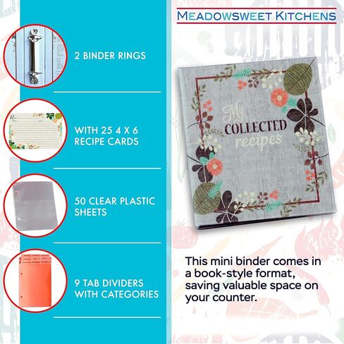 Meadowsweet Kitchens Recipe Card Holder Cookbook Mini 2 Ring Binder Organizer - Recipe Binder Cook Book w/ 25 4 x 6 Cards, 50 Clear Card Sleeves, & 9 Card Dividers (Fabric Covered, Vintage Flowers) in Saudi Arabia