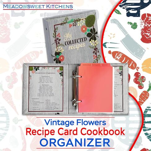 Meadowsweet Kitchens Recipe Card Holder Cookbook Mini 2 Ring Binder Organizer - Recipe Binder Cook Book w/ 25 4 x 6 Cards, 50 Clear Card Sleeves, & 9 Card Dividers (Fabric Covered, Vintage Flowers) in Saudi Arabia