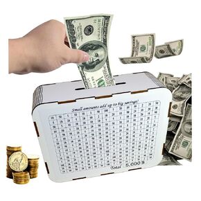 Wood Cash Saving Box. White One Piece Cash Vault Wooden Savings Box with 10000, 5000, 3000, 1000 Dollars Goals for Adults Kids Boys Girls. Wooden Piggy Bank, Money saving box.