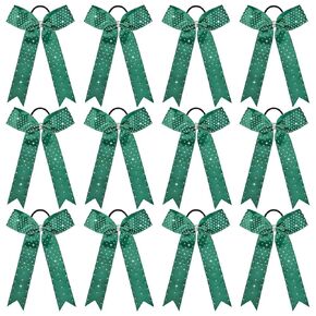 DEEKA 12 Count Collegiate Style Cheer Bows, Forest Green with Rhinestones, Handmade Bows for Girls Teens Cheerleader Sports