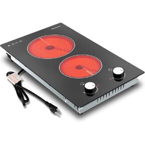 Karinear 110V Electric Cooktop 2 Burners Electric Stove 12 Inch Knob Control Countertop & Built-in Ceramic Cooktop, 9 Heating Level, Hot Warning, Over-Temperature Protection(Silver Knob)