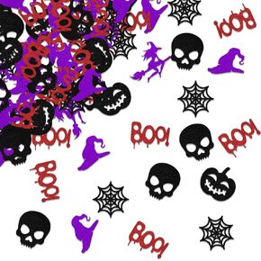 200 Pcs Horror Halloween Party Confetti,Pumpkin Witch Ghost Boo Spider Webs Confetti Halloween Table Decorations,Spooky One Birthday Party Decorations Supplies Black Purple & Red Glitter