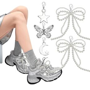 5Pcs Pearl Bow Shoe Charms for Sneakers,Bowknot Sneaker Charms for Laces,Decoration Charms for Dress Shoes Buckle Pearl Beaded Chain DIY Shoe Lace Sneakers Accessories For Women Gift Jewelry