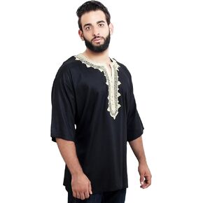 Moroccan Men Tunic Caftan Breathable Fiber Cotton Handmade Embroidery Ethnic Black