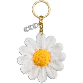 Knitted Daisy Keychain with White Pearls, Cute Crochet Flower Keyring Handmade Floral Accessory for Women, Ideal for Bags, Wallets, and Gifts,Car Keys The first choice for birthday gifts Keychain
