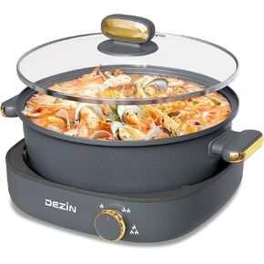 Dezin Electric Shabu Shabu Pot with Removable Pot, 5L Non-Stick Hot Pot Electric with Multi-Power Control, 3.7" Depth Electric Pot with Tempered Glass Lid for Party, Family and Friend Gathering