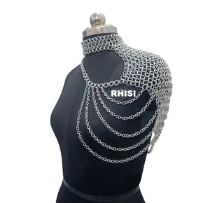 Crystal Body Chain, Chainmail One Side Shoulder Collar With Small Chain Layers, Aluminum Butted Ring Neck Piece, Medieval Cosplay Costume