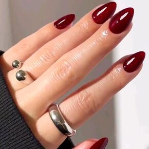 GLAMERMAID Dark Red Press On Nails Short Almond, Handmade Soft Jelly Gel Nail Tips Deep Burgundy Round Fake Nails, Natural Deep Red Stick Glue on Nails for Women, Reusable Round Oval False Nail Kit