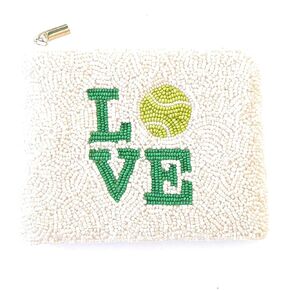 LOVE TENNIS Beaded Pouch, Coin Pouch, Tennis Purse, White Tennis Beaded Coin Pouch, Small Wallets for Her