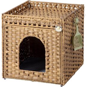 Cat Litter Box Enclosure Furniture, Hidden Litter Box with Mat and Fence, Handwoven Rattan Cat House with Two S-Shaped Hooks for Living Room, Bedroom, 18.5 x 20.5 x 19.1 Inches (Natural)