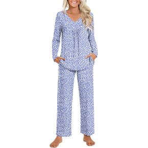 POPYOUNG 2 Piece Women's Fall Pajama Sets V Neck Long Sleeve Lounge Sleepwear Pjs Sets