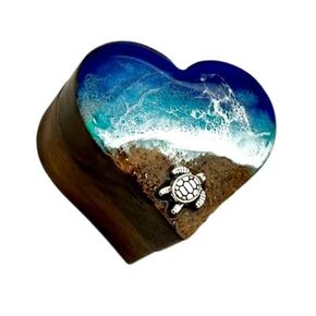 Ocean Resin Art Heart Ring Box, Walnut, Single Ring Slot, Ocean Blues, Turtle Charm, Beach, Ocean Ring Box, Jewelry Box Proposal, Wedding Engagement, Heart Shaped, Turtle, Sand, Ceremony, Valentine