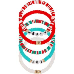Christmas Beaded Bracelets Set for Women, 5Pcs Handmade Clay Beads Letter Stretch Bracelets Bulk Adjustable White Red Green Gold Accessories Stackable Holiday Jewelry Gifts.
