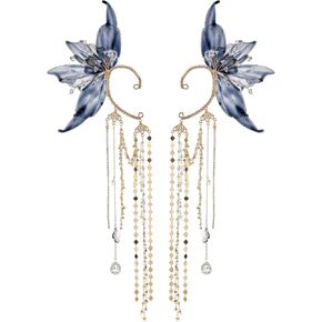 Renaissance Fairy Elf Ear Cuffs - Gold Mermaid Ears Elven Ear Cuffs with Tassel Butterfly Ear Wrap Earrings Non Piercing Earrings for Women Renfaire Halloween Christmas Dress Up Cosplay Accessories