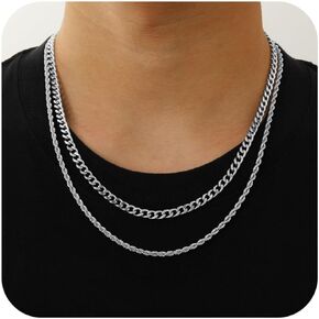 Layered Chain Necklaces for Men Women, 2Pcs Stainless Steel Cuban Link/Rope/Herringbone Chains Jewelry Gifts, 16 "/18 ", 18 "/20 ", 20 "/22 "