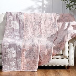 jinchan 100% Cotton Blanket Muslin Lightweight Twin Size 4-Layer Throw Blanket for Couch Soft All Season Floral Blanket Throw Cotton Coverlet Blanket for Bedroom Living Room Decor Pink 60x80 Inches