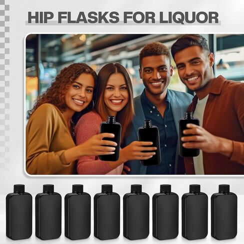 Chengu 50 Pcs Hip Flasks for Liquor for Men 8 oz Leakproof Plastic Flask with 50 Pcs Funnels Thin Flasks for Gift Camping, Wedding Party, Grooms men Gifts, Black in Saudi Arabia