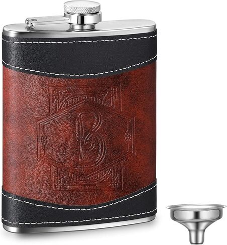 Baderke Personalized Groomsmen Flask 8 oz Leather Brown Hip Flasks for Liquor with Initials, Monogrammed Leak Proof Stainless Steel Drinking Flasks Gift for Men Dad Grandpa Birthday Wedding(Letter B) in Saudi Arabia