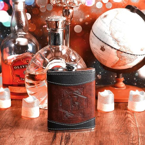 Baderke Personalized Groomsmen Flask 8 oz Leather Brown Hip Flasks for Liquor with Initials, Monogrammed Leak Proof Stainless Steel Drinking Flasks Gift for Men Dad Grandpa Birthday Wedding(Letter B) in Saudi Arabia