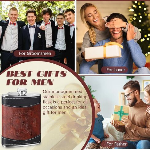 Baderke Personalized Groomsmen Flask 8 oz Leather Brown Hip Flasks for Liquor with Initials, Monogrammed Leak Proof Stainless Steel Drinking Flasks Gift for Men Dad Grandpa Birthday Wedding(Letter B) in Saudi Arabia