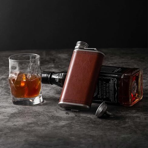 Hip Flask for Liquor for Men & Women - Wide mouth Leak Proof - Brown PU Leather 8oz Grip Cap Pocket Flask + Funnel in Saudi Arabia