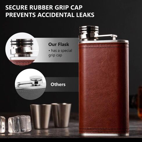 Hip Flask for Liquor for Men & Women - Wide mouth Leak Proof - Brown PU Leather 8oz Grip Cap Pocket Flask + Funnel in Saudi Arabia