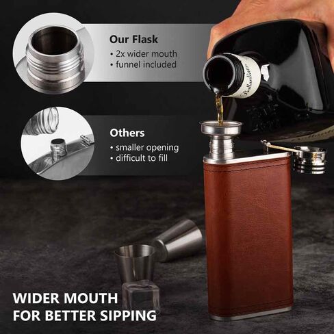 Hip Flask for Liquor for Men & Women - Wide mouth Leak Proof - Brown PU Leather 8oz Grip Cap Pocket Flask + Funnel in Saudi Arabia