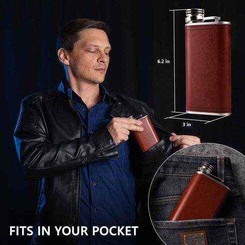 Hip Flask for Liquor for Men & Women - Wide mouth Leak Proof - Brown PU Leather 8oz Grip Cap Pocket Flask + Funnel in Saudi Arabia