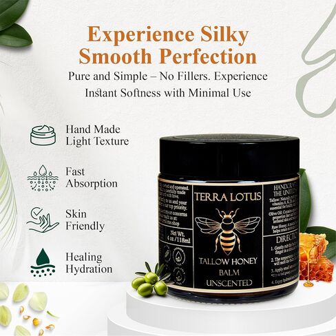 Organic Grass-Fed Beef Tallow Balm with Raw Honey - Moisturizing Cream for Soft, Smooth Skin - Handmade All-Natural Moisturizer - 4 oz (Lavender) in Saudi Arabia