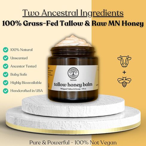 Beef Tallow for Skin | 100% Grass-Fed Tallow & Raw MN Honey | 2 Ingredients | Whipped & UNSCENTED | Whole Body & Face Balm for Sensitive, Dry Skin, Eczema, Psoriasis, Rosacea (4oz) in Saudi Arabia
